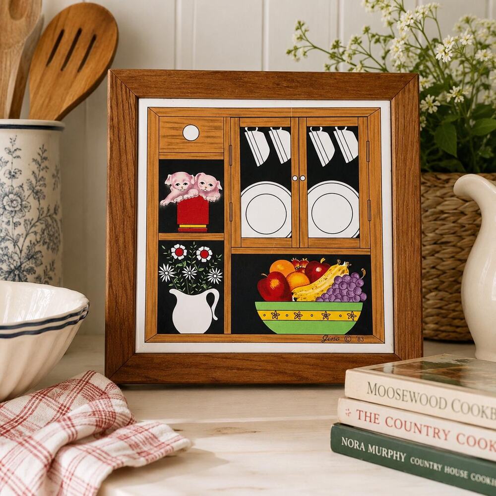 Vintage 1983 Country Kitchen Tile Trivet | Farmhouse Wall Decor | Retro Kitchen